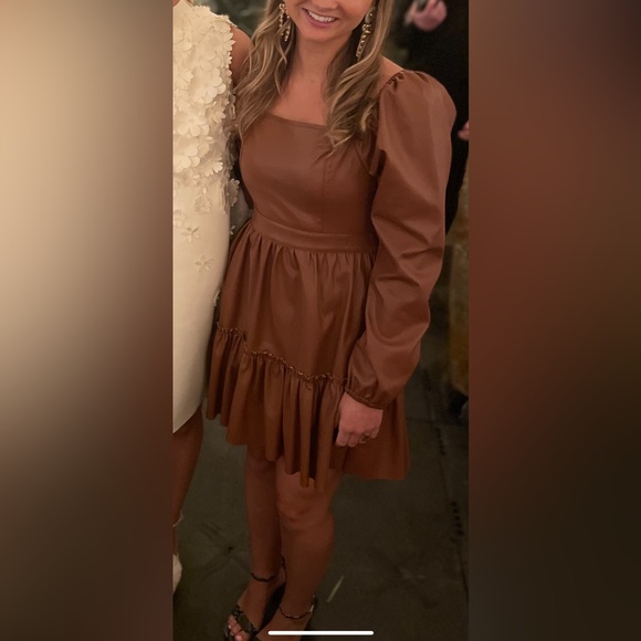 Brown Faux Leather Dress with Puff Sleeves - Picture 2 of 3